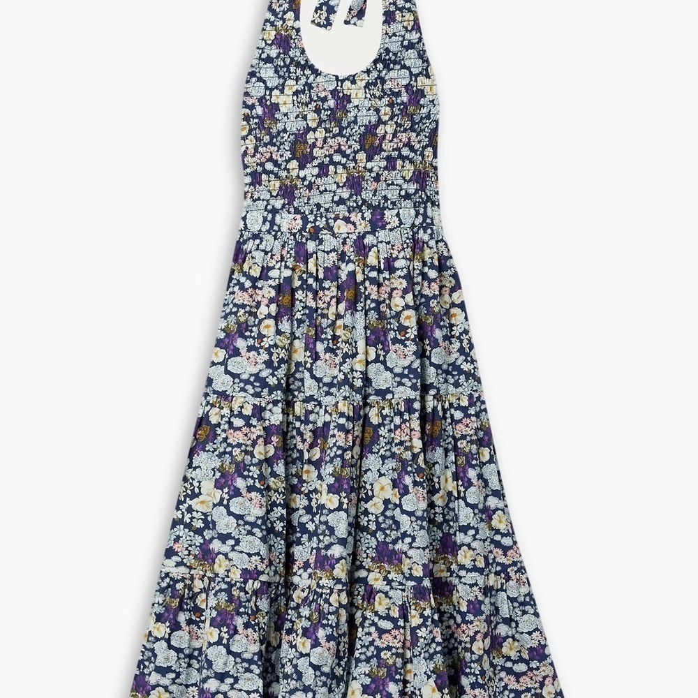 LES RÊVERIES Midi Dress Halter-Neck Floral Print Shirred Bodice 100% Cotton Sz 2